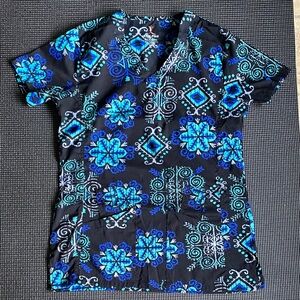 Blue and Black Patterned Scrub Top